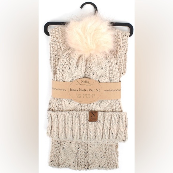 Hat and Scarf Set Knit Tweed Faux Fur Pom Pom NEW - Picture 1 of 8